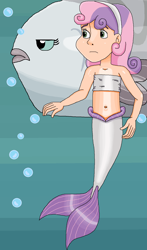 Size: 1022x1738 | Tagged: safe, artist:ocean lover, sweetie belle, fish, human, mermaid, sunfish, g4, season 8, surf and/or turf, bandeau, bare shoulders, belly, belly button, bubble, child, cutie mark crusaders, disney style, female, fins, fish tail, frown, green eyes, grumpy, headband, human coloration, humanized, long hair, mermaid tail, mermaidized, midriff, ocean, ocean sunfish, purple hair, scene interpretation, seaponified, seapony sweetie belle, shiny skin, solo, species swap, tail, tail fin, uncomfortable, underwater, water