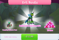 Size: 1272x855 | Tagged: safe, gameloft, idw, queen chrysalis, changeling, changeling queen, g4, armor, bundle, bush, costs real money, english, evil bundle, female, gem, holeless, horn, idw showified, insect wings, mannequin, numbers, sale, shield, solo, spread wings, swamp, text, wings