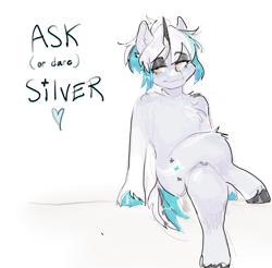 Size: 2414x2379 | Tagged: safe, artist:itssilver, oc, oc:silver, pony, unicorn, ask, ask or dare, crossed legs, eyebrows, eyebrows visible through hair, female, high res, mare, sitting, sketch, smiling, smirk, solo