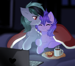 Size: 1053x927 | Tagged: safe, artist:freyamilk, oc, oc only, oc:scrimmy, oc:stargazermap, bat pony, pegasus, pony, bat pony oc, bat wings, blanket, chocolate, complex background, computer, cute, duo, duo male, ethereal mane, fangs, food, hot chocolate, laptop computer, male, nuzzling, pegasus oc, pegasus wings, pony oc, smiling, snuggling, starry mane, watching tv, wings