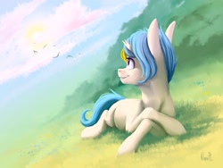 Size: 4000x3000 | Tagged: safe, artist:klarapl, oc, oc only, oc:evertrue, pony, unicorn, broken horn, cloud, female, grass, happy, high res, horn, lying down, mare, prone, smiling, solo, sun, unicorn oc