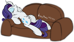 Size: 3239x1858 | Tagged: safe, artist:aquamuro, rarity, pony, unicorn, g4, blurry background, couch, ear fluff, eyes closed, faint, fainting couch, female, fluffy, gritted teeth, lying down, mare, raised hoof, rarity being rarity, signature, simple background, sketch, solo, teeth, transparent background