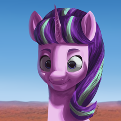 Size: 1280x1280 | Tagged: safe, artist:rollo32, starlight glimmer, pony, unicorn, g4, blue eyes, blue sky, bust, desert, portrait, purple hair, s5 starlight, smiling, solo