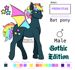 Size: 3000x2800 | Tagged: safe, artist:dashienova, edit, oc, oc only, oc:prism star, bat pony, pony, bat pony oc, bat wings, blackletter, color palette, colorful, ethereal mane, heterochromia, high res, male, pony oc, reference sheet, simple background, solo, starry mane, text, white background, wings
