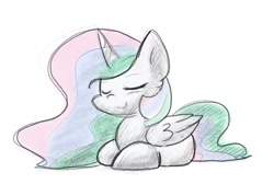 Size: 1113x748 | Tagged: safe, artist:zutcha, princess celestia, alicorn, pony, g4, eyes closed, female, lying down, ponyloaf, prone, simple background, smiling, solo, white background