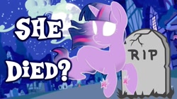 Size: 1280x720 | Tagged: safe, twilight sparkle, ghost, ghost pony, undead, g4, arrow, clickbait, grave, implied death, moon, question mark, rest in peace, youtube thumbnail
