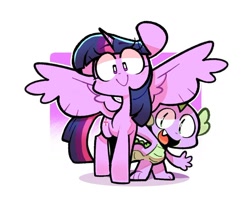 Size: 1136x945 | Tagged: safe, artist:sourspot, spike, twilight sparkle, alicorn, dragon, pony, g4, cute, female, happy, looking at you, male, mare, open mouth, open smile, simple background, smiling, spikabetes, spread wings, twiabetes, twilight sparkle (alicorn), white background, wings