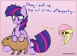 Size: 1245x913 | Tagged: safe, artist:shepardinthesky, fluttershy, twilight sparkle, capybara, pegasus, pony, unicorn, g4, female, floppy ears, gradient background, mare, petting, sitting, twilight snapple, unicorn twilight