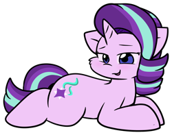 Size: 900x710 | Tagged: safe, artist:zutcha, starlight glimmer, pony, unicorn, g4, female, lidded eyes, lying down, mare, open mouth, open smile, prone, simple background, smiling, solo, transparent background