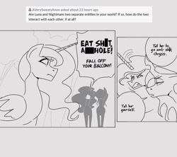Size: 1125x1000 | Tagged: safe, artist:averysweatyboy, nightmare moon, princess luna, queen chrysalis, alicorn, changeling, changeling queen, pony, g4, ask, censored, censored vulgarity, curiouscat, dialogue, female, grayscale, gritted teeth, gyro zeppeli, japanese reading order, johnny joestar, jojo's bizarre adventure, mare, missing accessory, monochrome, offended, open mouth, self paradox, speech bubble, steel ball run, teeth, tree, unamused