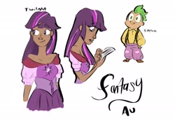 Size: 2065x1425 | Tagged: safe, artist:thechaoticboop, spike, twilight sparkle, human, g4, clothes, dark skin, dress, ear piercing, earring, fantasy, humanized, jewelry, pants, piercing, shirt, shoes, simple background, suspenders, white background