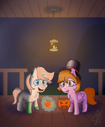 Size: 1000x1200 | Tagged: safe, artist:ermecg, oc, oc only, pegasus, pony, unicorn, duo, duo male and female, female, filly, foal, halloween, holiday, magic, magic aura, male, nightmare night, simple background, smiling, telekinesis