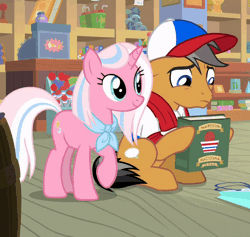 Size: 800x757 | Tagged: safe, screencap, clear sky, quibble pants, earth pony, pony, unicorn, common ground, g4, animated, baseball cap, book, cap, clothes, cropped, female, gif, hat, kissing, male, mare, nose wrinkle, nuzzling, ship:quibblesky, shipping, shirt, stallion, straight, talking
