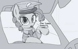 Size: 2743x1725 | Tagged: safe, artist:vultraz, pinkie pie, earth pony, pony, g4, bipedal, bipedal leaning, car, clothes, dialogue, female, hat, leaning, looking at you, mare, monochrome, necktie, open mouth, pinktober, police hat, police officer, police uniform, ponerpics import, shirt, solo, talking, talking to viewer, text