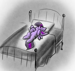 Size: 1238x1167 | Tagged: safe, artist:zutcha, twilight sparkle, alicorn, pony, g4, :t, bed, blanket, female, lying down, on bed, pillow, solo, spread wings, twilight sparkle (alicorn), wings