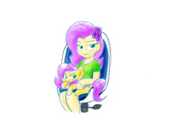 Size: 1280x999 | Tagged: safe, artist:zutcha, fluttershy, human, pegasus, pony, equestria girls, g4, duo, female, holding a pony, human ponidox, self paradox, self ponidox, simple background, sitting, sitting on lap, white background