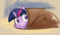 Size: 736x434 | Tagged: safe, artist:zutcha, twilight sparkle, pony, g4, blanket burrito, female, solo