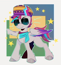 Size: 1912x2048 | Tagged: safe, artist:superduperath, zipp storm, pegasus, pony, g5, my little pony: make your mark, winter wishday, spoiler:g5, abstract background, clothes, eyebrows, eyebrows visible through hair, female, hat, mare, outline, scarf, smug, smugzipp, solo, spread wings, standing, sunglasses, three quarter view, unshorn fetlocks, wings