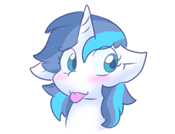 Size: 1128x868 | Tagged: safe, artist:zutcha, shining armor, pony, unicorn, g4, blushing, bust, female, gleaming shield, rule 63, simple background, solo, tongue out, white background