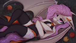 Size: 3840x2160 | Tagged: safe, artist:maybeweed, fluttershy, bat pony, pony, semi-anthro, g4, arm hooves, bat ponified, clothes, female, floppy ears, flutterbat, high res, leotard, lying down, mare, on back, race swap, solo, stockings, thigh highs, underhoof