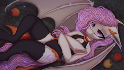 Size: 3840x2160 | Tagged: safe, artist:maybeweed, fluttershy, bat pony, pony, semi-anthro, g4, bat ponified, clothes, female, floppy ears, fluffy, flutterbat, high res, leotard, lying down, mare, on back, race swap, socks, solo, stockings, thigh highs, underhoof