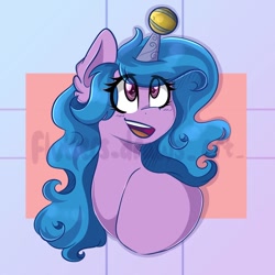Size: 1080x1080 | Tagged: safe, artist:flutterpawss, izzy moonbow, pony, unicorn, g5, abstract background, ball, bust, eyelashes, female, izzy's tennis ball, mare, smiling, solo, tennis ball