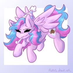 Size: 1080x1080 | Tagged: safe, artist:flutterpawss, oc, oc only, oc:flutters, pegasus, pony, abstract background, eyes closed, female, hat, mare, party hat, party horn, pegasus oc, smiling, solo