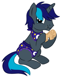 Size: 733x900 | Tagged: safe, artist:jennieoo, oc, oc:nightward, pony, unicorn, bib, cookie, cute, diaper, eating, food, munching, non-baby in diaper, patreon, patreon reward, show accurate, simple background, sketch, solo, transparent background, vector
