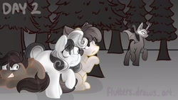 Size: 1920x1080 | Tagged: safe, artist:flutterpawss, apple bloom, scootaloo, sweetie belle, earth pony, pegasus, pony, unicorn, g4, cutie mark crusaders, female, filly, foal, forest, inktober 2022, outdoors, scared