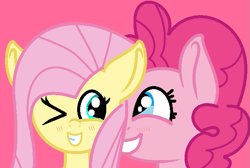 Size: 661x445 | Tagged: safe, artist:jadeharmony, artist:starlight12012003, fluttershy, pinkie pie, earth pony, pegasus, pony, g4, base used, duo, female, grin, lesbian, one eye closed, pink background, ship:flutterpie, shipping, simple background, smiling, wink