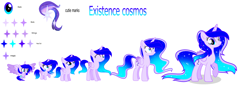 Size: 6288x2136 | Tagged: safe, artist:existencecosmos188, oc, oc only, alicorn, pony, age progression, alicorn oc, ethereal mane, female, filly, foal, horn, mare, raised hoof, simple background, solo, starry mane, white background, wings
