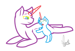 Size: 1611x1107 | Tagged: safe, artist:existencecosmos188, oc, oc only, pony, unicorn, base, duo, female, filly, foal, horn, lineart, lying down, mare, pregnant, prone, signature, simple background, unicorn oc, white background