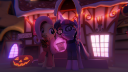 Size: 3840x2160 | Tagged: safe, artist:the luna fan, fluttershy, twilight sparkle, mlp fim's twelfth anniversary, g4, 3d, blender, blender cycles, clothes, container, cosplay, costume, fog, glasses, halloween, high res, holiday, jack-o-lantern, madotsuki, magic, magic aura, night, nightmare night, pumpkin, skirt, smiling, sugarcube corner, sweater, yume nikki