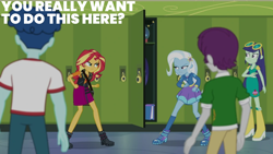 Size: 1280x720 | Tagged: safe, edit, edited screencap, editor:quoterific, screencap, blueberry cake, curly winds, indigo wreath, some blue guy, sunset shimmer, trixie, human, equestria girls, equestria girls specials, g4, my little pony equestria girls: better together, my little pony equestria girls: forgotten friendship, background human, concerned, confrontation, female, frown, lockers, male, sunglasses