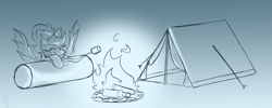 Size: 2000x800 | Tagged: safe, artist:starcasteclipse, oc, oc only, oc:starcast, bat pony, pony, campfire, camping, food, marshmallow, sketch, solo, tent, wood