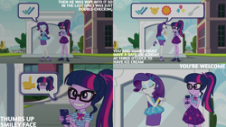 Size: 4400x2475 | Tagged: safe, edit, edited screencap, editor:quoterific, screencap, rarity, sci-twi, twilight sparkle, human, equestria girls, g4, my little pony equestria girls: better together, text support, text support: rarity, balloon, cellphone, check mark, double-check, duo, duo female, emoji, eyes closed, eyeshadow, female, grin, handshake, implied timber spruce, makeup, open mouth, open smile, phone, rarity peplum dress, smartphone, smiley face, smiling, spoon, sun, thumbs up