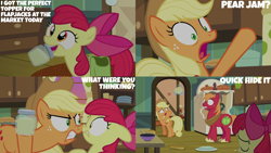 Size: 4400x2475 | Tagged: safe, edit, edited screencap, editor:quoterific, screencap, apple bloom, applejack, big macintosh, earth pony, pony, g4, the perfect pear, angry, apple bloom's bow, apple siblings, apple sisters, applejack is not amused, applejack's hat, bow, brother and sister, cowboy hat, female, gritted teeth, hair bow, hat, horse collar, male, mare, mouth hold, open mouth, open smile, panic, panicking, pear jam, siblings, sisters, smiling, stallion, teeth, unamused, unshorn fetlocks