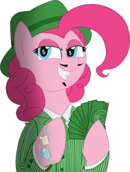 Size: 1890x2496 | Tagged: safe, artist:legendoflink, pinkie pie, earth pony, pony, g4, bracelet, clothes, facial hair, female, gangster, hat, jewelry, mare, money, pinktober, pinstripes, simple background, solo, suit, transparent background, wingding eyes