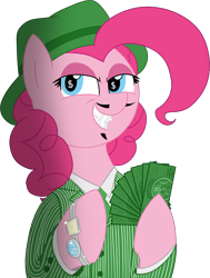 Size: 1890x2496 | Tagged: safe, artist:legendoflink, pinkie pie, earth pony, pony, g4, bracelet, clothes, facial hair, female, gangster, gangster spongebob, hat, jewelry, mare, money, pinktober, pinstripes, simple background, solo, suit, transparent background, wingding eyes