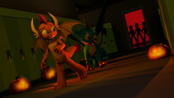 Size: 1920x1080 | Tagged: safe, artist:neondragon, gallus, smolder, dragon, griffon, human, g4, 3d, corridor, dragoness, female, frightened, halloween, holiday, jack-o-lantern, lockers, nightmare night, pumpkin, scared, silhouette, source filmmaker