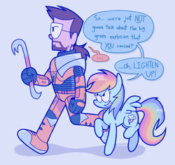Size: 2048x1922 | Tagged: safe, artist:faceache, rainbow dash, human, pegasus, pony, g4, ..., >:d, crowbar, duo, female, gordon freeman, half-life, hev suit, human and pony, male, man, mare, ponytail, side view, speech bubble, spread wings, walking, wings