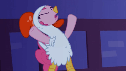 Size: 520x293 | Tagged: safe, screencap, pinkie pie, earth pony, pony, g4, luna eclipsed, animal costume, animated, bipedal, chicken pie, chicken suit, clothes, costume, egg, egg laying, gif, oviposition, pinkie being pinkie