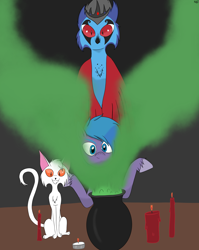 Size: 2822x3545 | Tagged: safe, artist:madtown97, oc, oc only, oc:ghost, oc:oleander nightshade, oc:olly, oc:stolas, bird, cat, demon, earth pony, owl, pony, g5, my little pony: a new generation, my little pony: make your mark, candle, cauldron, high res, prince, smoke, spooky, witch