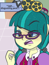 Size: 2048x2732 | Tagged: safe, artist:brandonthebronypony, juniper montage, human, equestria girls, g4, between fingers, canterlot mall, female, glasses, high res, indoors, looking down, micro, open mouth, ponytails, raised eyebrow, solo