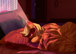 Size: 1531x1080 | Tagged: source needed, safe, artist:inoghmia, applejack, g4, bed, cowboy hat, face mask, hat, hat off, lasso, mask, rope, sleeping, stetson