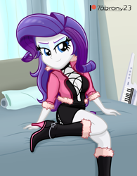 Size: 1023x1312 | Tagged: safe, artist:tabrony23, rarity, human, equestria girls, g4, beautiful, bed, bedroom eyes, boots, breasts, busty rarity, clothes, cosplay, costume, cute, dress, electric piano, female, king of fighters, patreon, patreon logo, sexy, shermie (king of fighters), shoes, show accurate, signature, smiling, solo, stupid sexy rarity