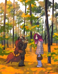 Size: 3208x4096 | Tagged: safe, artist:katputze, oc, oc only, oc:apogee (tinygaypirate), oc:crimson sunset, dog, unicorn, anthro, plantigrade anthro, basket, cargo pants, clothes, duo, eyes closed, female, fingerless gloves, forest, furry, furry oc, gloves, jacket, looking at each other, looking at someone, mare, mushroom, mushroom picking, non-mlp oc, open mouth, open smile, pants, plaid shirt, pointing, shirt, smiling