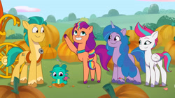 Size: 3072x1727 | Tagged: safe, screencap, hitch trailblazer, izzy moonbow, sparky sparkeroni, sunny starscout, zipp storm, dragon, earth pony, pegasus, pony, unicorn, filly filling, g5, my little pony: tell your tale, spoiler:g5, spoiler:my little pony: tell your tale, spoiler:tyts01e33, baby, baby dragon, female, grin, high res, male, mane stripe sunny, mare, pumpkin, smiling, stallion, upscaled, youtube link