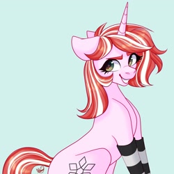 Size: 2048x2048 | Tagged: safe, artist:mxiiisy, oc, oc only, oc:crystal flake, pony, unicorn, clothes, eyebrows, eyelashes, high res, horn, looking back, socks, solo, stockings, striped socks, tail, thigh highs