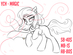 Size: 2500x1874 | Tagged: safe, artist:stesha, oc, pony, unicorn, advertisement, any gender, clothes, commission, eyebrows, eyebrows visible through hair, full body, grin, looking away, magic, magic aura, magic drain, rearing, scarf, smiling, solo, your character here